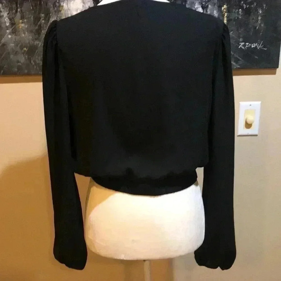 Iris Long Sleeve Sheer Cross Front Crop Top with Puffed Sleeves Elastic Back-M - Picture 2 of 6